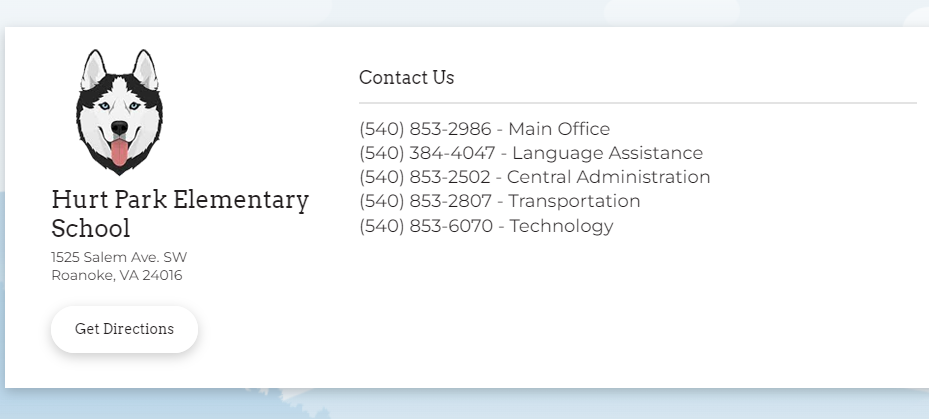 Screenshot of footer of Hurt Park website showing location, phone numbers, and "Get Directions" button